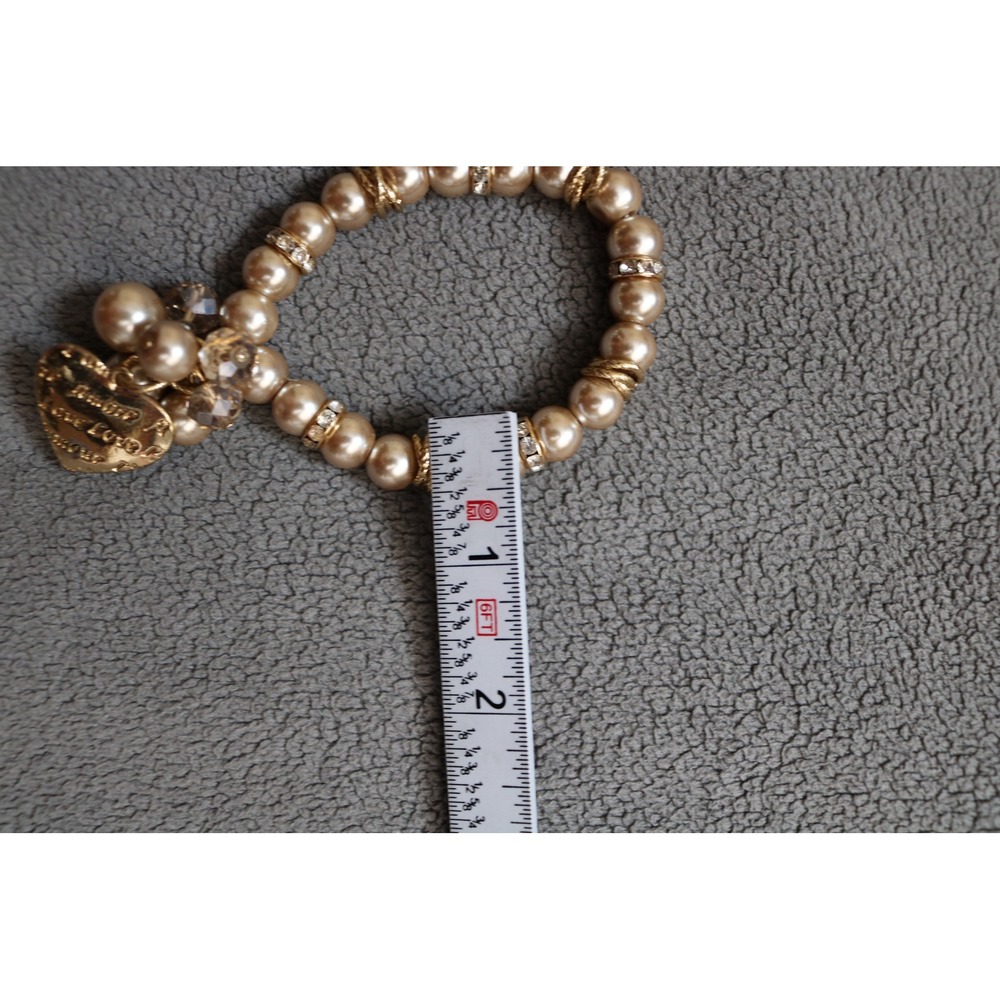 Faux Pearl Heart Charm Bracelet Women OS Champagne Excellent Stretch - Picture 4 of 5